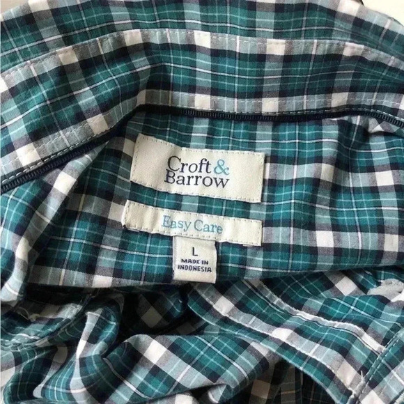 Croft & Barrow Men’s L Blue/Green and White Plaid Button Down Collared Shirt - Picture 9 of 9